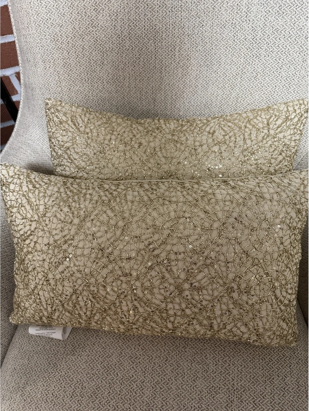 Surya Gold Sequin Lumbar Throw Pillow Cream Beige 12x20 Insert Included
